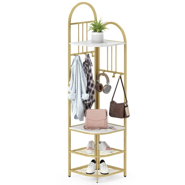 Costway 4-Tier Coat Rack Corner Hall Tree with Shoe Storage Bench 6 Removable Hooks Bedroom White