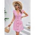 thumbnail image 6 of Women'S Striped Summer Dresses V Neck Casual Mini Dress Flutter Sleeve Ruffle Button Sundresses Pink L, 6 of 8