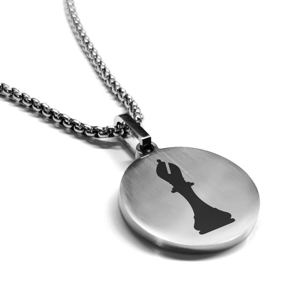Stainless Steel Bishop Chess Piece Round Medallion Pendant Necklace