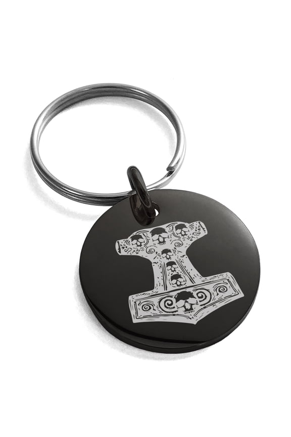 Stainless Steel Mjolnir Thor's Black Skull Hammer Engraved Small Medallion Circle Charm Keychain Keyring