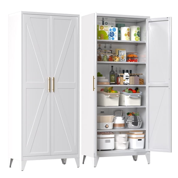 GangMei 75.3 Inches Tall Modern Metal Storage Cabinet Freestanding with 5 Adjustable Shelves for Office,Home,Garage,School,Warehouse,  White，Assembly Required