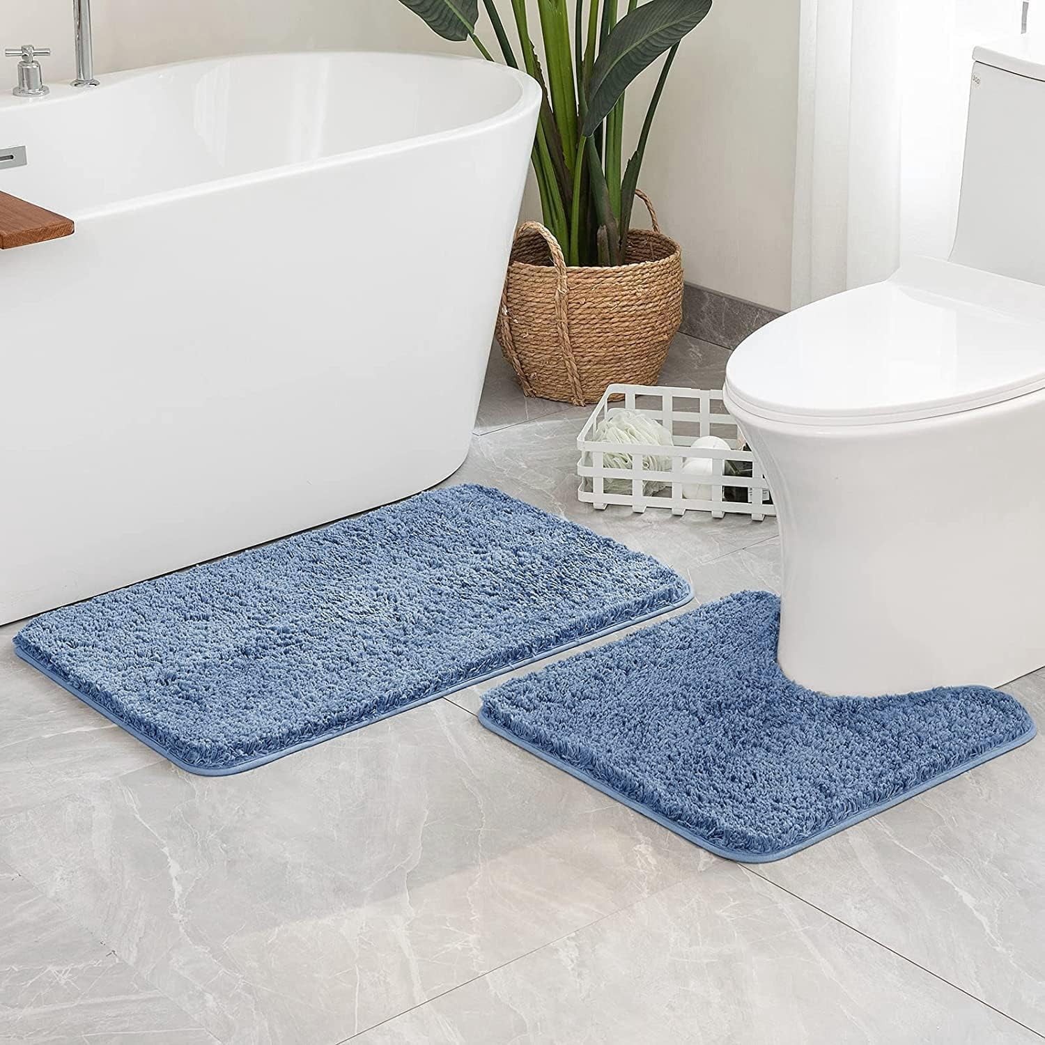 Blue Bathroom Rugs Set 2 Piece Soft Absorbent Microfiber Bath Mat Non Slip Quick Dry Machine Washable Plush Shaggy Mats for Tub Shower Floor 16x24 inches