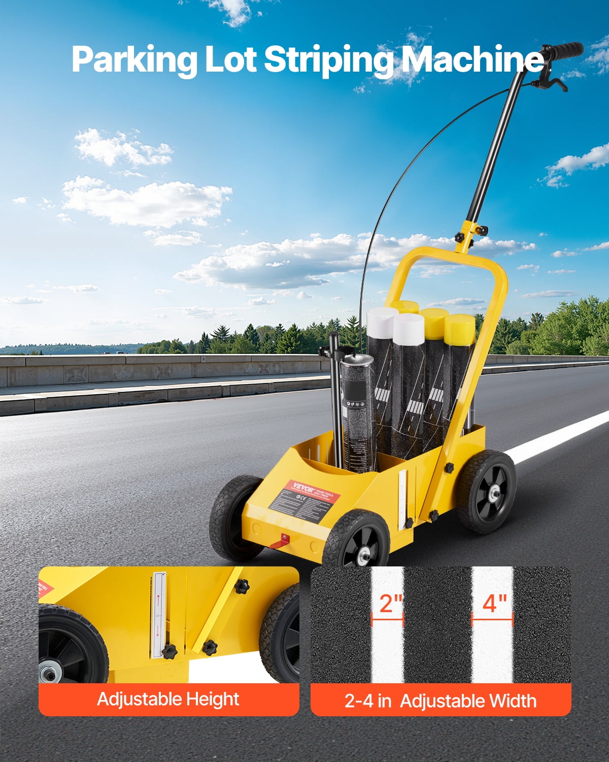 VEVOR Striping Line Marking Machine, 24 x 13 x 35.4 inch, 4-Wheel, Heavy Duty Striping Line Machine with 2-4 inch Adjustable Width, Make Clear Edge Line for Roads, Parking Lots, Sports Field, Yellow