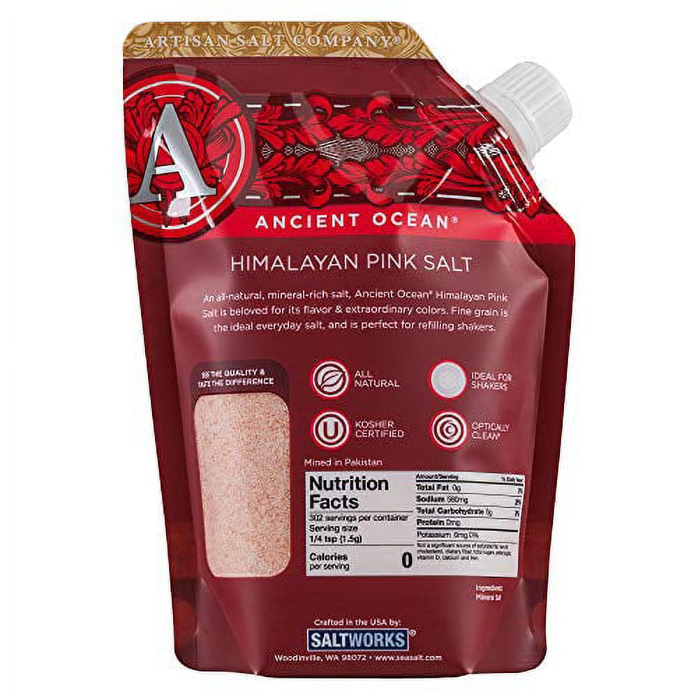 SALTWORKS Artisan Salt Company Ancient Ocean Himalayan Pink Salt, Fine Grain, Pour Spout Pouch, 16 Ounce
