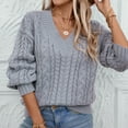 thumbnail image 2 of RYRJJ Womens V-Neck Sweaters Long Sleeve Cable Knit Pullover Tops Fall Fashion Casual Loose Fit Chunky Sweater(Gray,XL), 2 of 9
