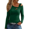 thumbnail image 2 of SYMOID Womens Green Long Sleeve Cold Shoulder Cut Out Top - Asymmetrical Neckline, Form-Fitting Polyester Spandex Casual Top,Size M, 2 of 5