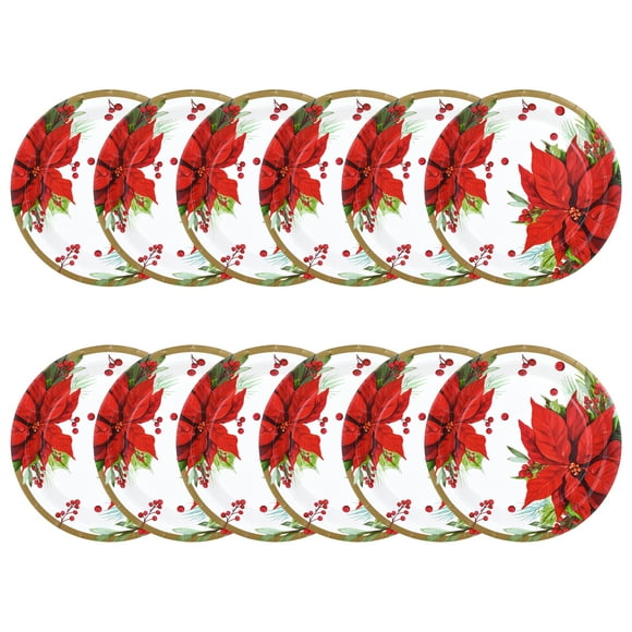 Petite assiette en carton à motif poinsettia multicolore de Noël, 18 cm de diamètre, 12 pièces, service de table, période des fêtes