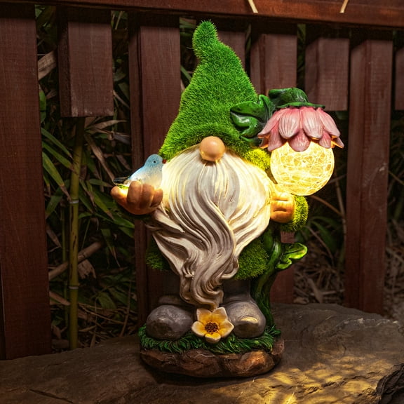 Wonder Garden Gnomes with Holding Solar Powered Flower and bird,Funny Outdoor Figurine Lights for Patio Garden Decor