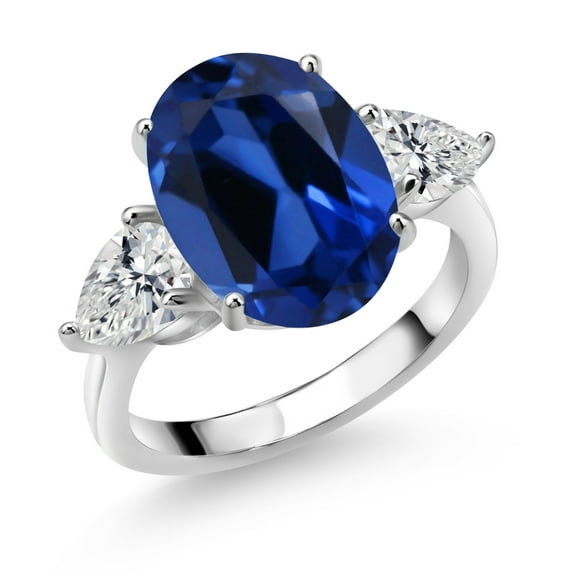 Gem Stone King 925 Sterling Silver Blue Created Sapphire and Lab Grown Diamond Engagement Ring for Women | 7.04 Cttw | Oval 14X10MM | Gemstone September Birthstone | Size 5