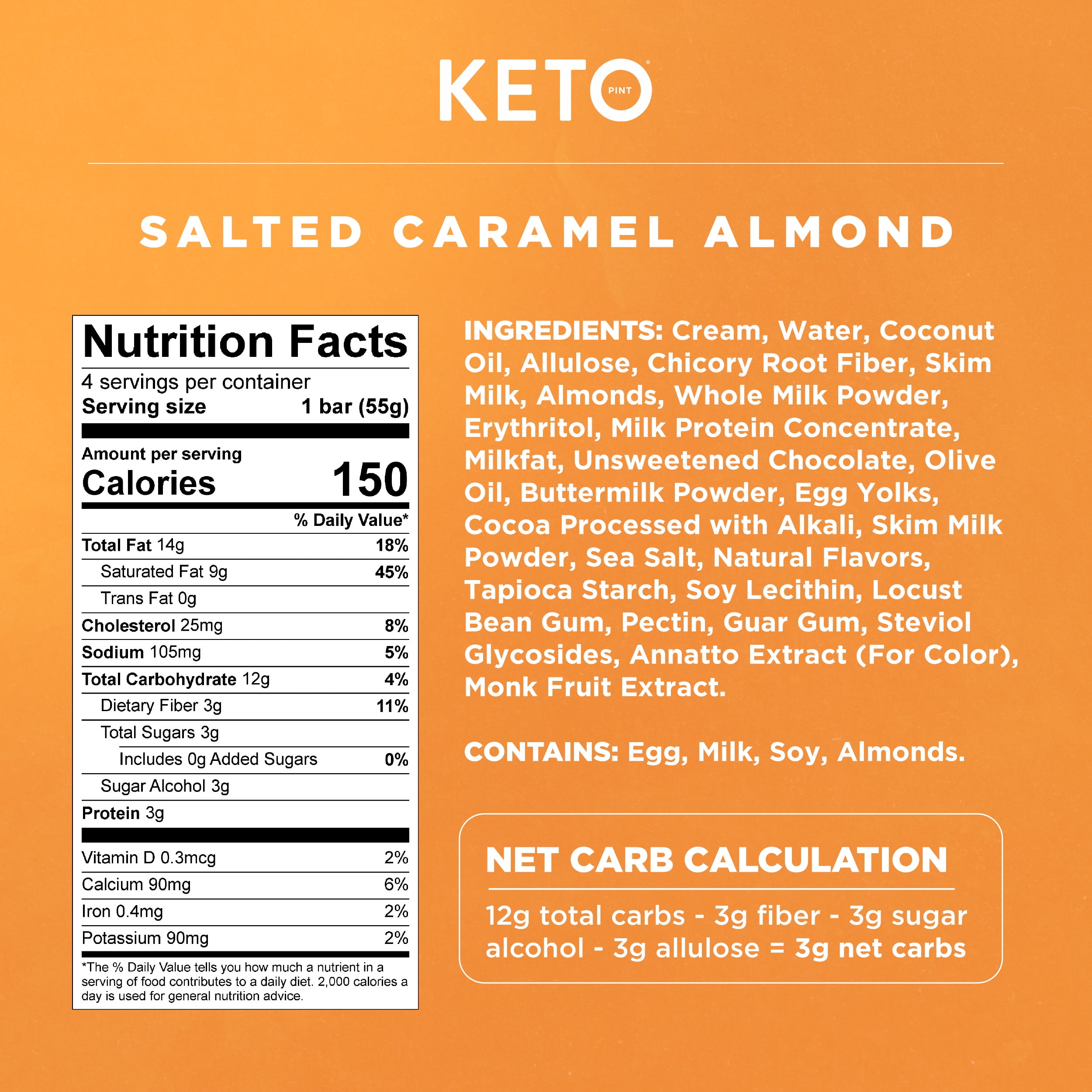 Keto Pint Salted Caramel Almond Ice Cream Bars, No Added Sugar, 2.75 fl oz, 4 Count