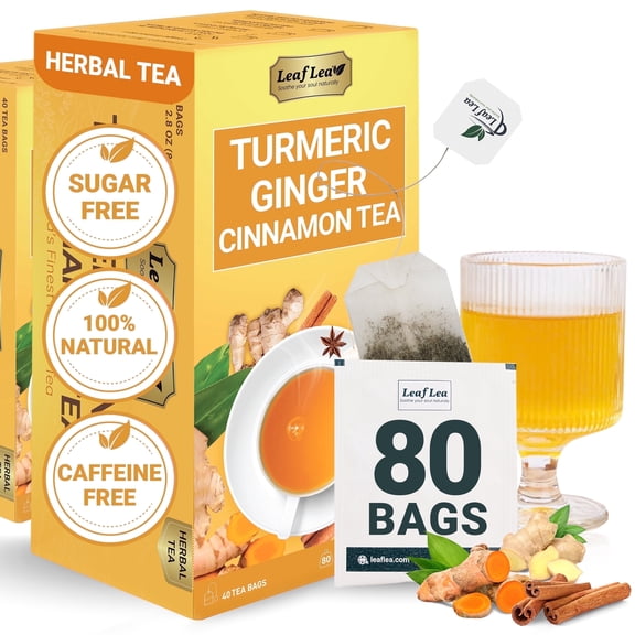 LeafLea Turmeric Tea with Ginger and Cinnamon, 80 Premium Turmeric Ginger Tea Bags, 100% Natural & Pure Turmeric Blend Herbal Tea, Caffeine-Free, No Sugar, Vegan