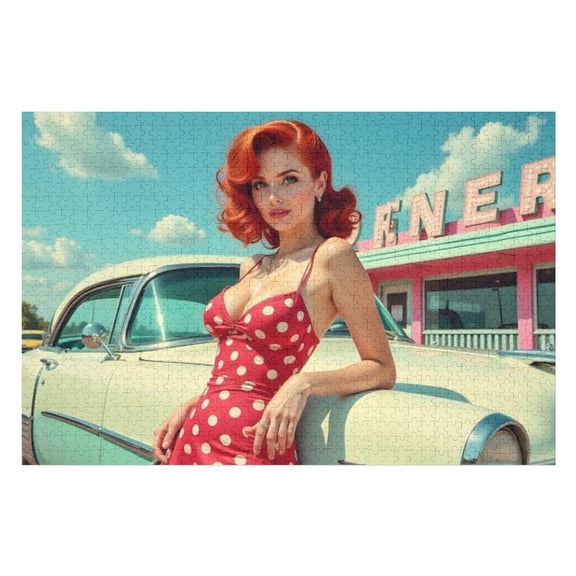 Puzzles for Adults 300 Pieces - Woman Red Dress Is Posing ,Classic Car Funny Puzzle Unique Difficult and Challenge Large Puzzle Game Toys Gift