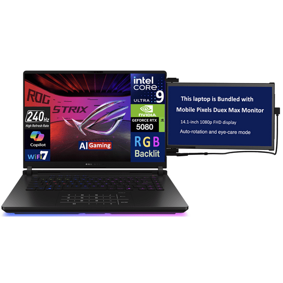 ASUS ROG Strix AI Gaming Laptop 16.0in 240Hz Mini LED WQXGA Display (Intel Ultra 9- 275HX, GeForce RTX 5080 16GB, 64GB DDR5, 4TB PCIe SSD, RGB KB, 2 Thunderbolt 5, Win 11 Pro) w/Duex Max DS Monitor