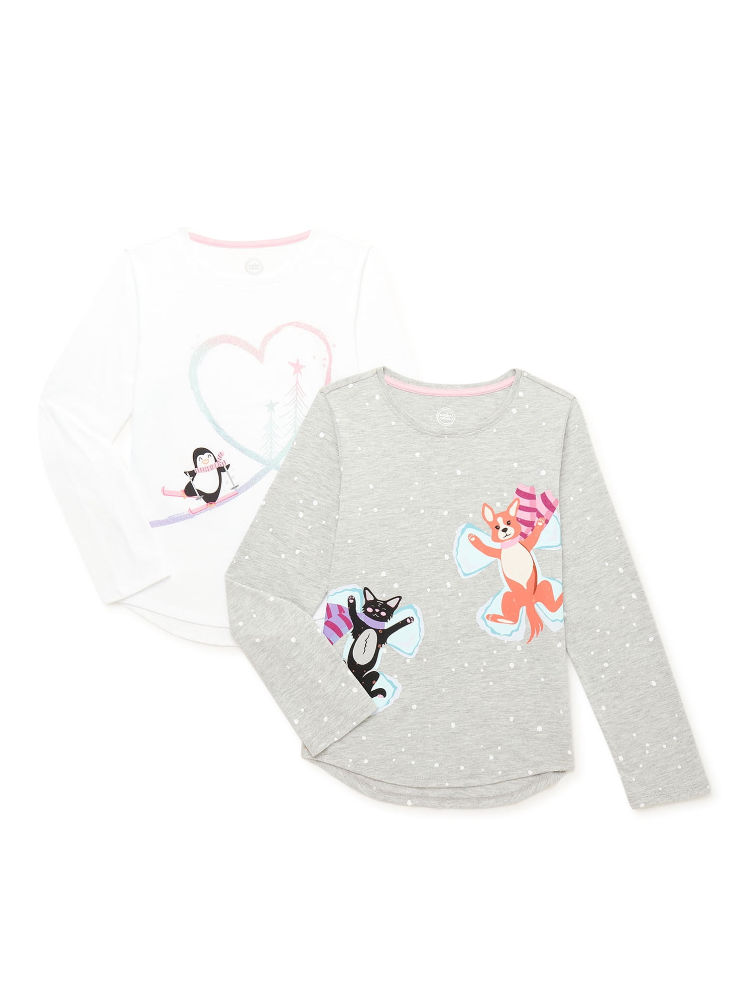 Wonder Nation Girls’ Long Sleeve Graphic T-Shirts, 2-Pack, Sizes 4-18 & Plus