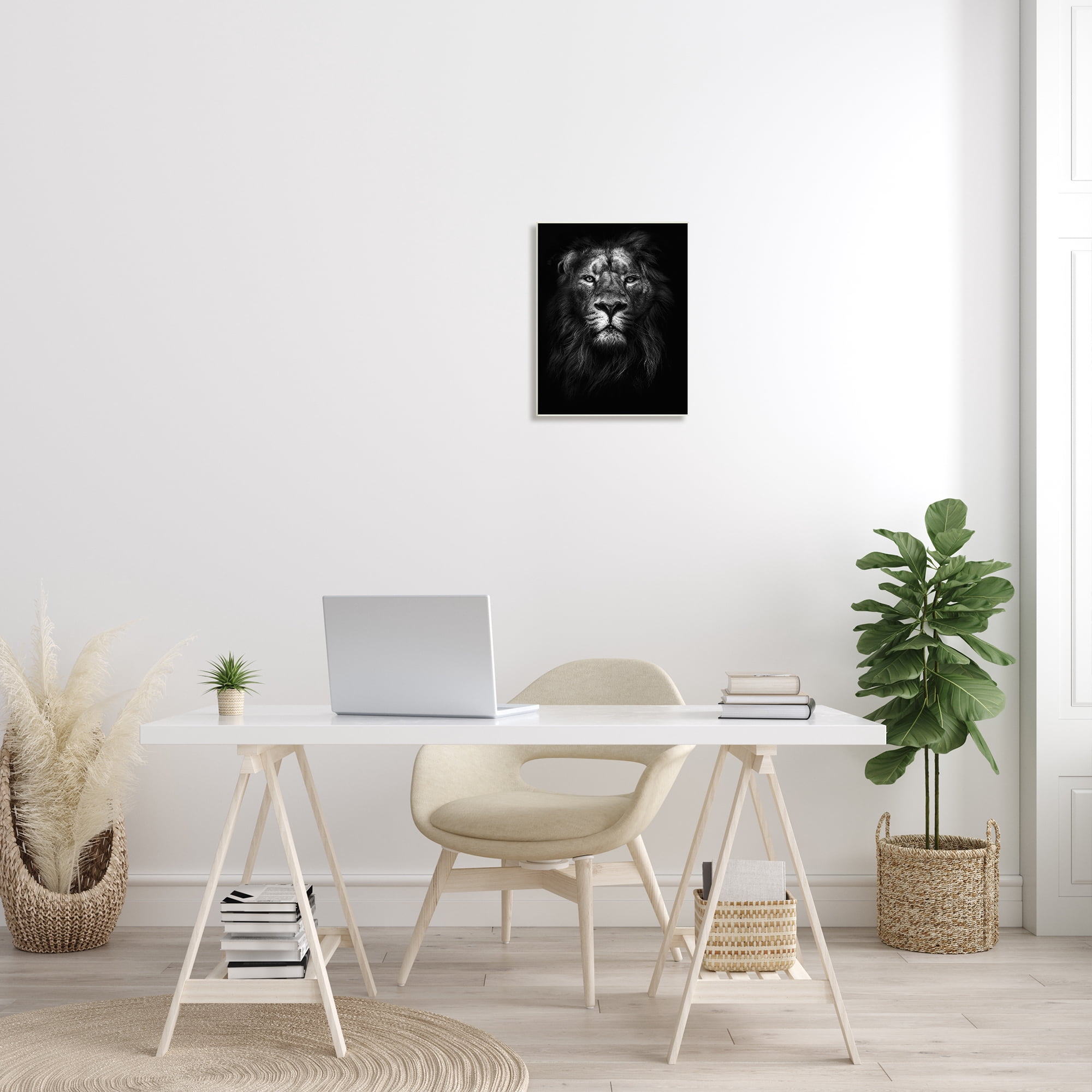 The Stupell Home Decor Collection King of the Jungle Lion In Shadows Black and White Photography Wood Wall Art