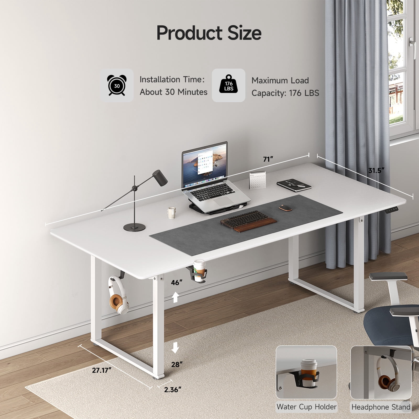71x32 Inch Rectangular Standing Desk, Features a Sturdy 4-leg Design, Dual-Motor Lift System, and Memory Settings. Height adjustable from 28 to 46 Inches for Home Offices and Computer Work, White