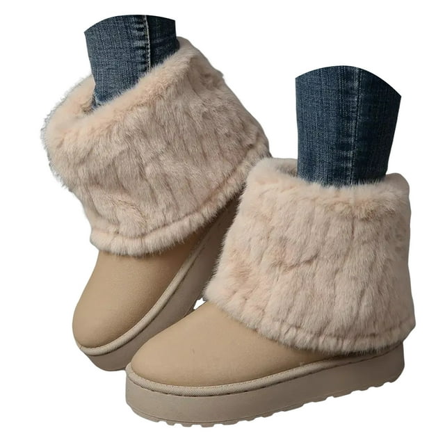 Dakaela Bottes d'Hiver Mi-Mollet pour Femmes, Bout Rond, Plateforme en Suède, Bottillons à Enfiler, Doublées en Molleton, Mini Botte d'Hiver