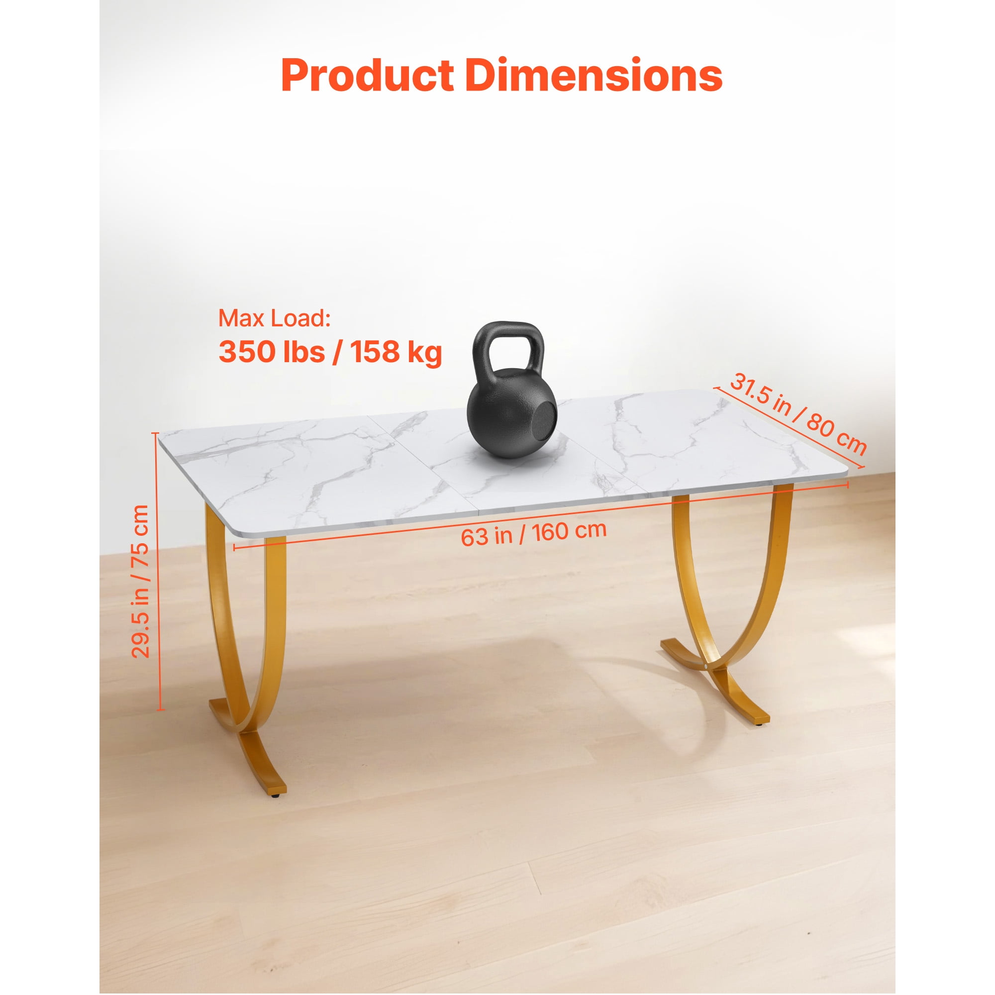 KFFKFF Executive Desk, 63" W x 31.5" D Spacious Office Desk, Contemporary Computer Table for Conference or Workspace, Business Furniture with Expanded Surface for Home or Office, White and Gold