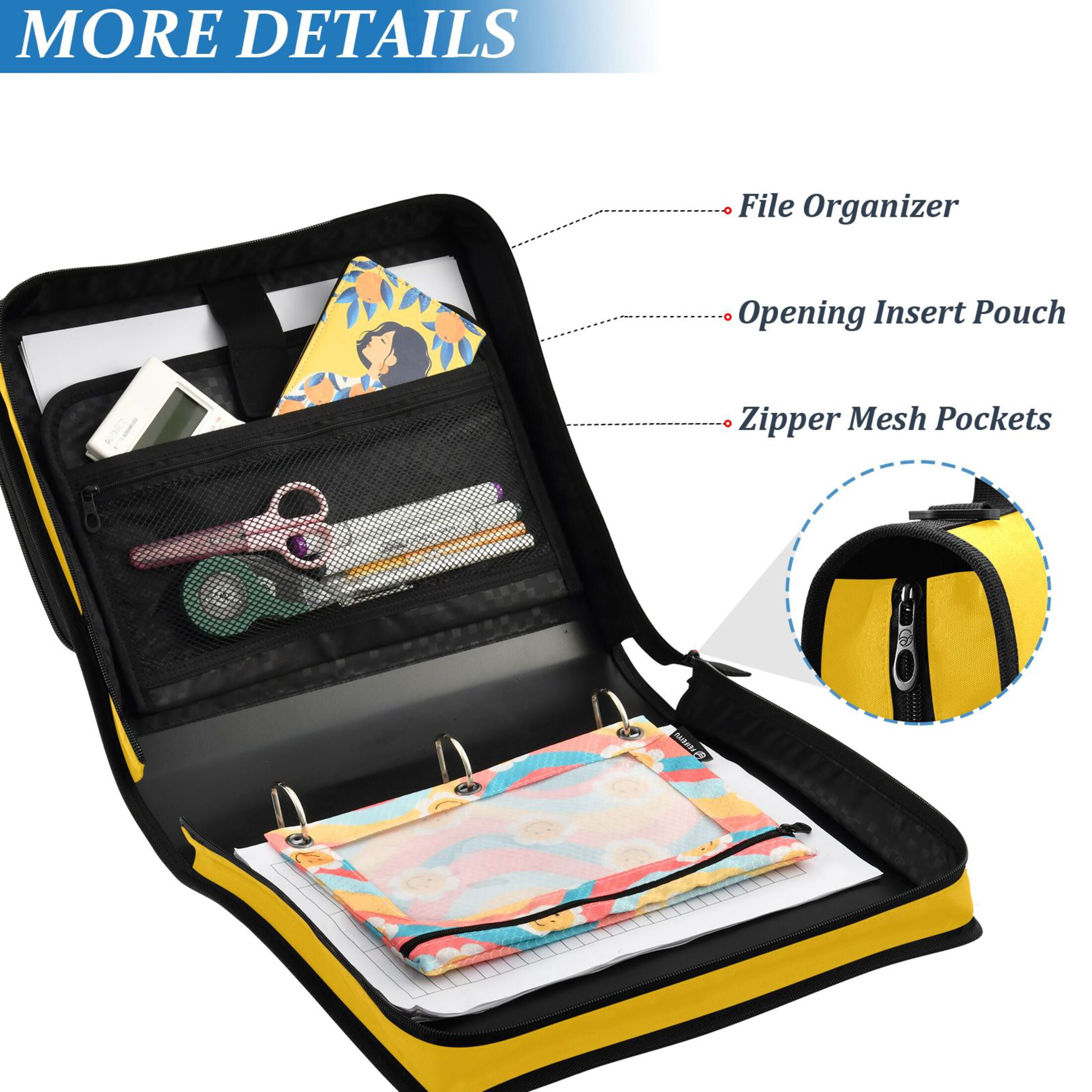 ALAZA Zipper Binder Solid Yellow 3 Ring Trapper Keeper File Folder Organizer Bag