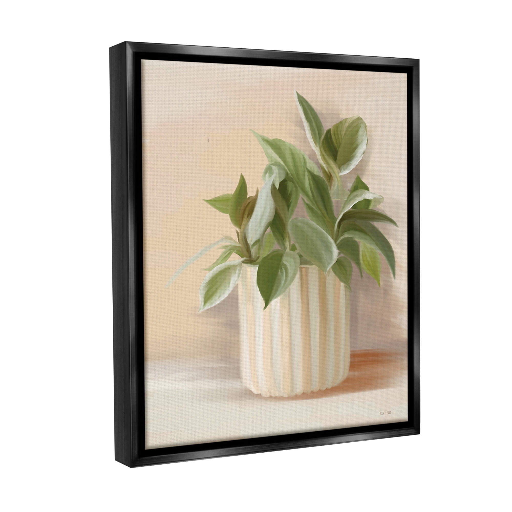 Stupell Industries Plant in Striped Pottery Botanical & Floral Painting Black Floater Framed Canvas Art Print Wall Art, 25 x 31