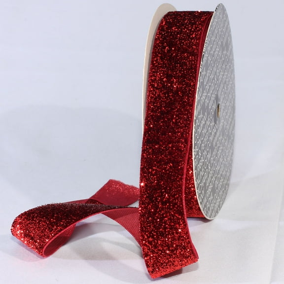 The Ribbon People Scarlet Red Glitter Woven Edge Velvet Craft Ribbon 1" x 11 Yards