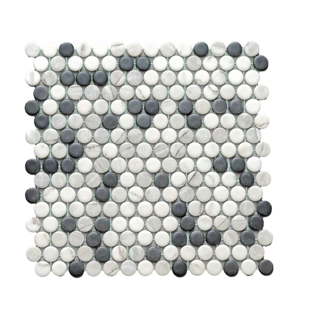The Tile Life Eterna Penny 4" x 4" Black & White Glass Round Mosaic Tile Sample 1 Piece