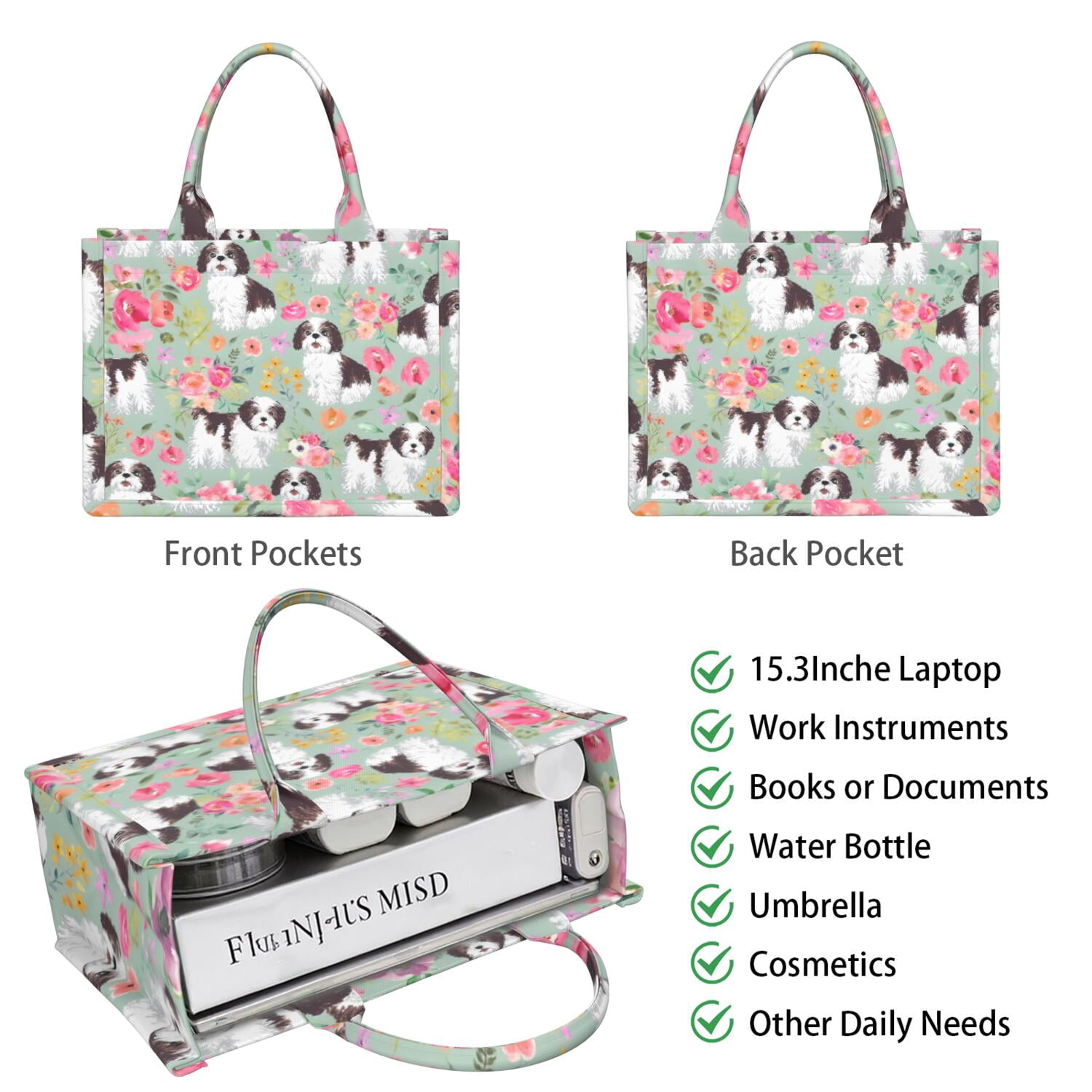Large Capacity Tote Bag,Shih Tzu Dog and Flower Floral Handbag Fashion Luxury Tote Bag,15.7"x13"x 5.1" Inches,Laptop Compatible