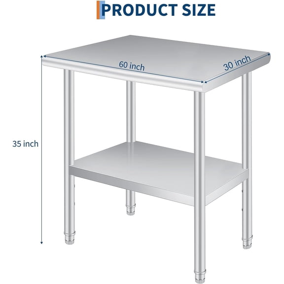 Acekid Stainless Steel Prep Table, Heavy Duty Commercial Work Table with Adjustable Undershelf, 30x60 Inch