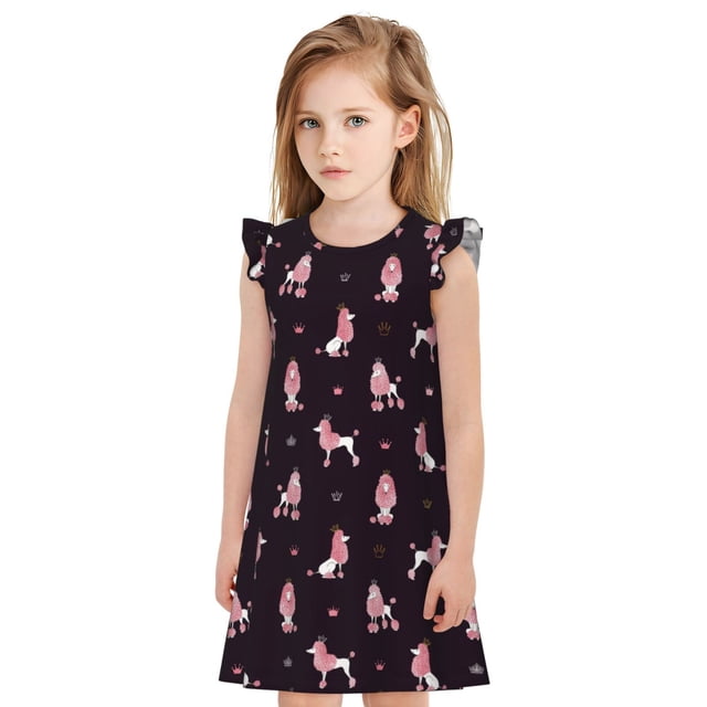 Fotbe Poodle Dog Vestido de Dormir para Niñas de 3 a 10 Años, Mangas Cortas, Estilo Princesa, Pijama Camisón con Mangas Voladas-Large