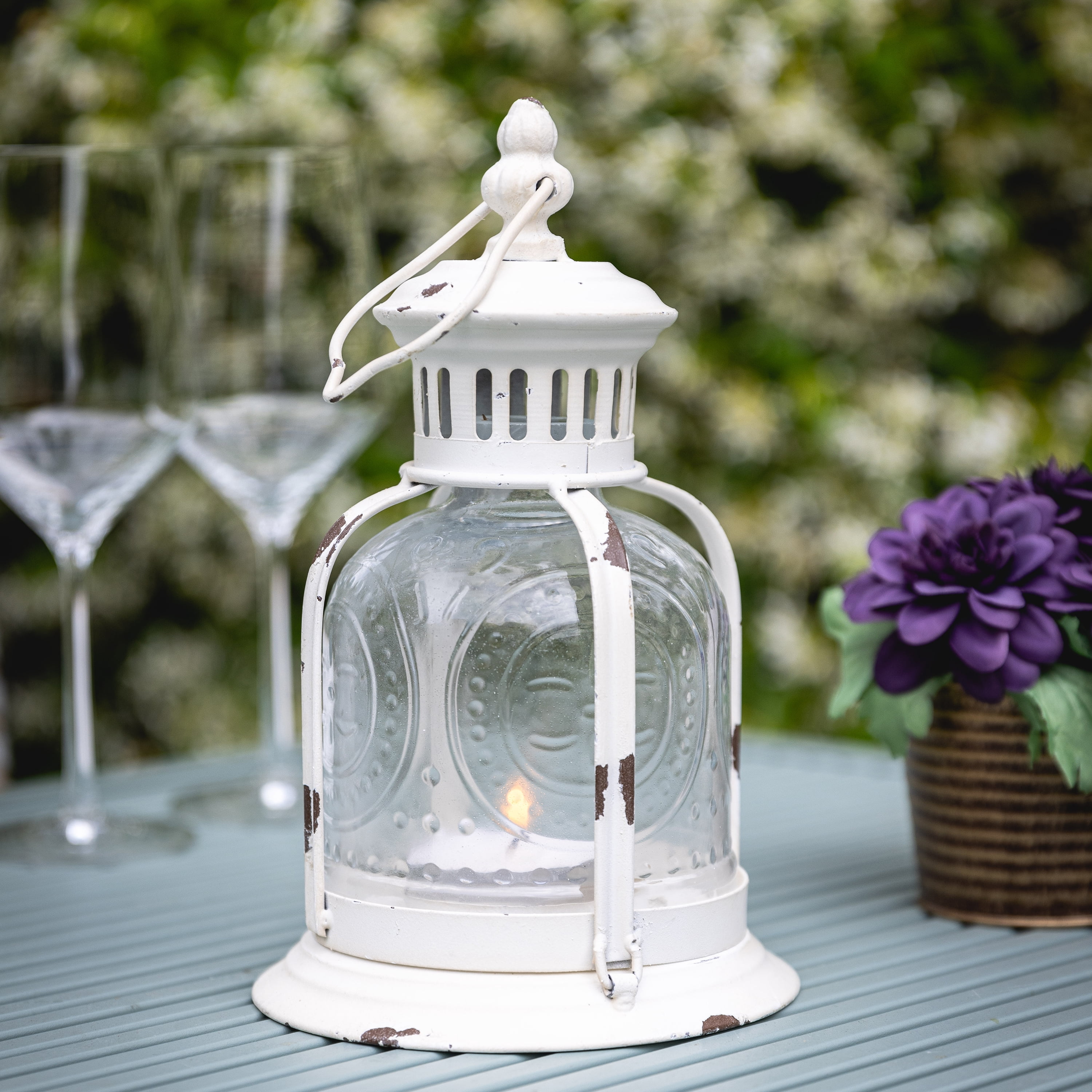 Stonebriar Indoor 10" Vintage Metal and Glass Candle Lantern, White