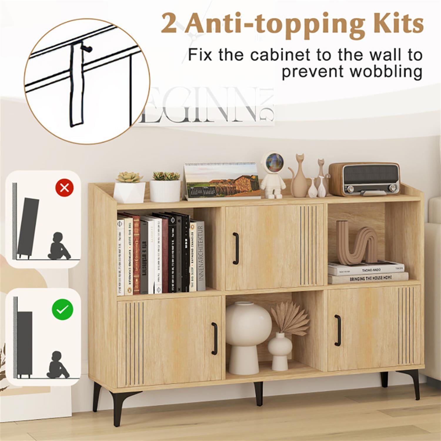 Demi Bonn 47" Sideboard Buffet Cabinet with 3 Doors and Open Compartments, Kitchen Storage Cabinet, Wood Coffee Bar Buffet Table for Dining Room, Beige