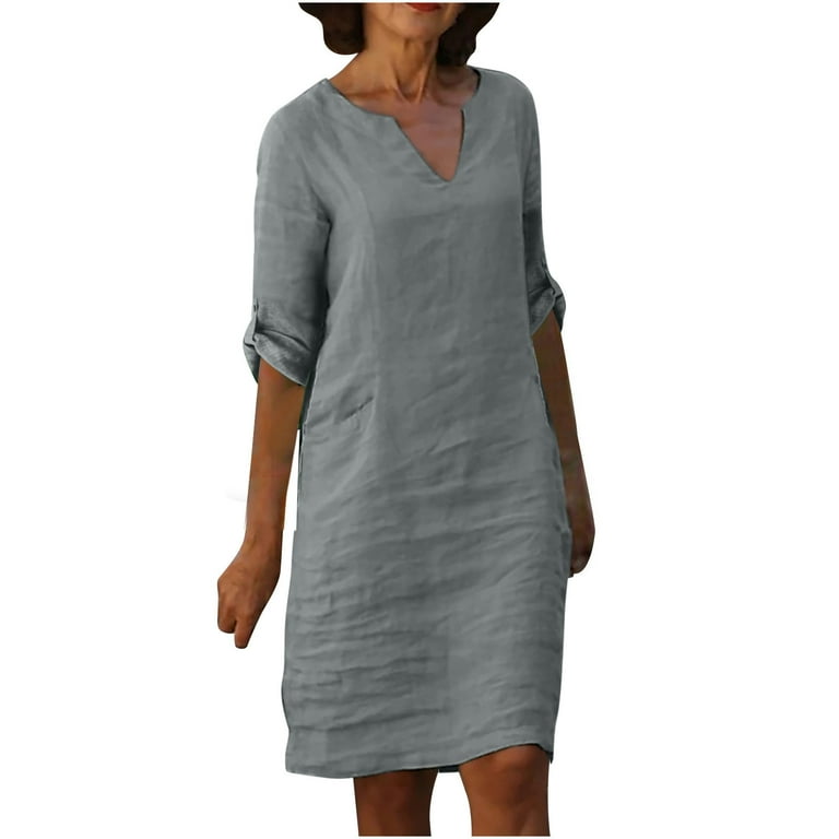 JNGSA Elegant Dresses for Women,Trendy Linen Dress for Womens Solid Color  Roll-up Long Sleeve V-Neck Dress Cotton Casaul Loose Fit Midi Dress Gray -  Walmart.com