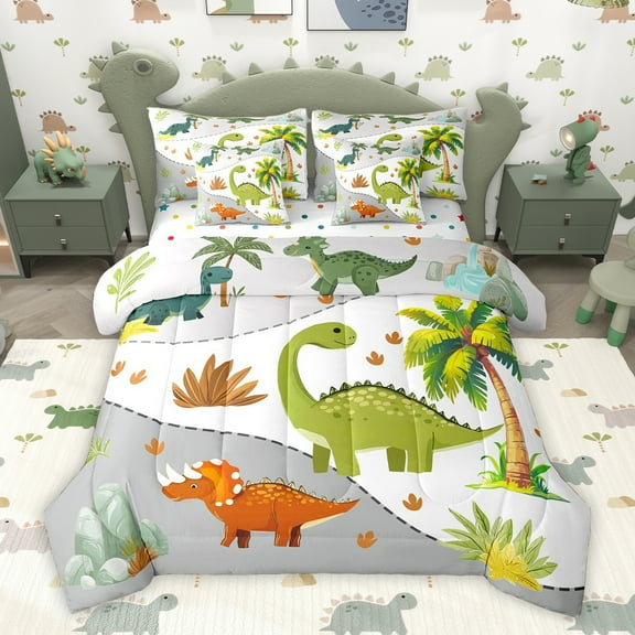 Homewish Kawaii Jungle Dinosaur Twin Bedding Sets 7-Piece for Kids, Tropic Coconut Tree Bedding Comforter Set, Cartoon Funny Animal Reversible Sheet Sets, Ultra Soft Bedroom Decor