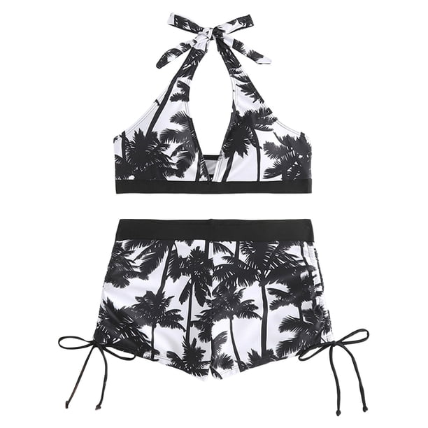 Gibobby Conjunto de bikini sexy Traje de baño con correa nueva para mujer Bikini con pantalones de esquina plana y estampado de árbol de dividido(Negro,M)