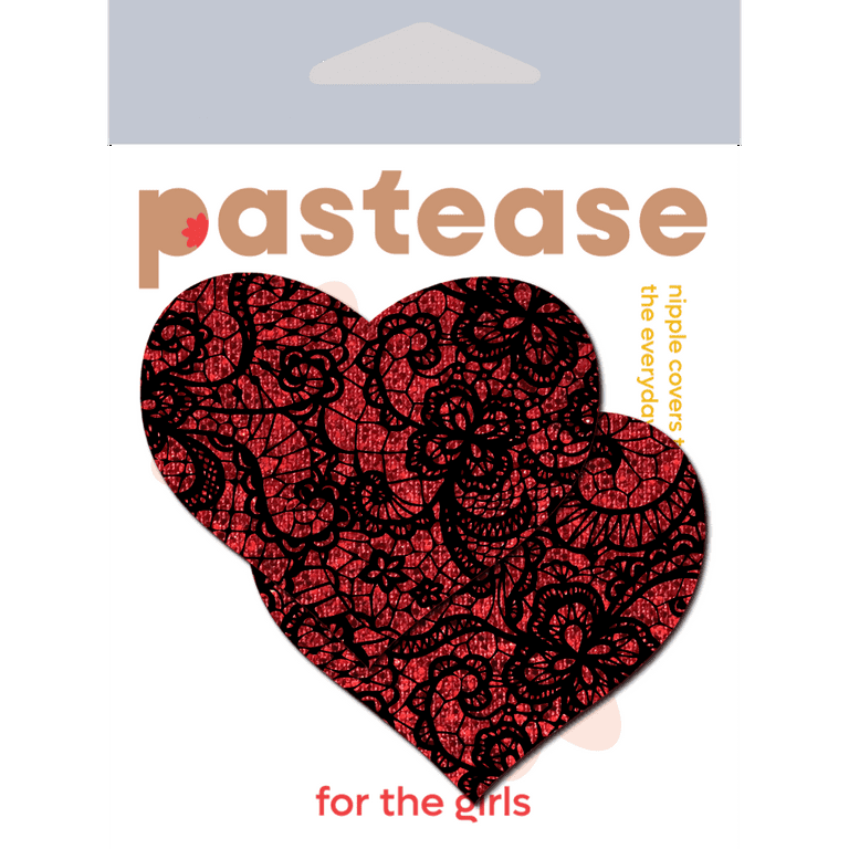 Love: Red Glitter with Black Lace Heart Nipple Pasties by Pastease®
