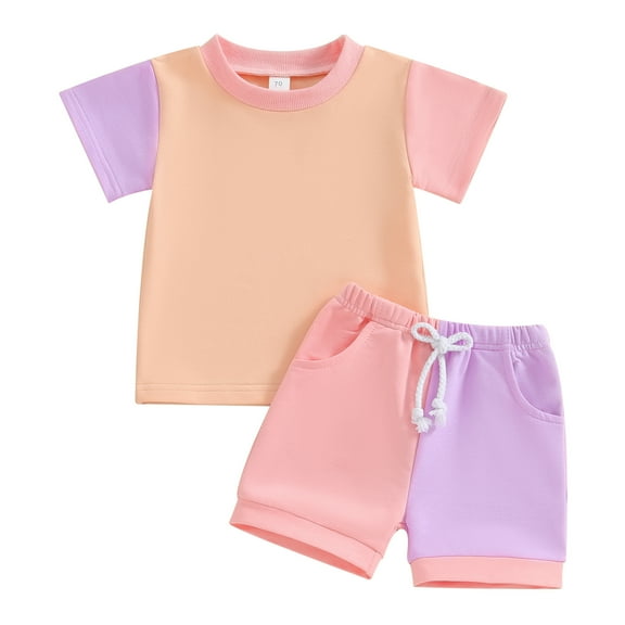 Bagilaanoe 2pcs Toddler Baby Boy Girl Shorts Set Short Sleeve Contrast Color T Shirt Tops   Shorts 6M 12M 18M 24M 3T Kids Casual Summer Clothes
