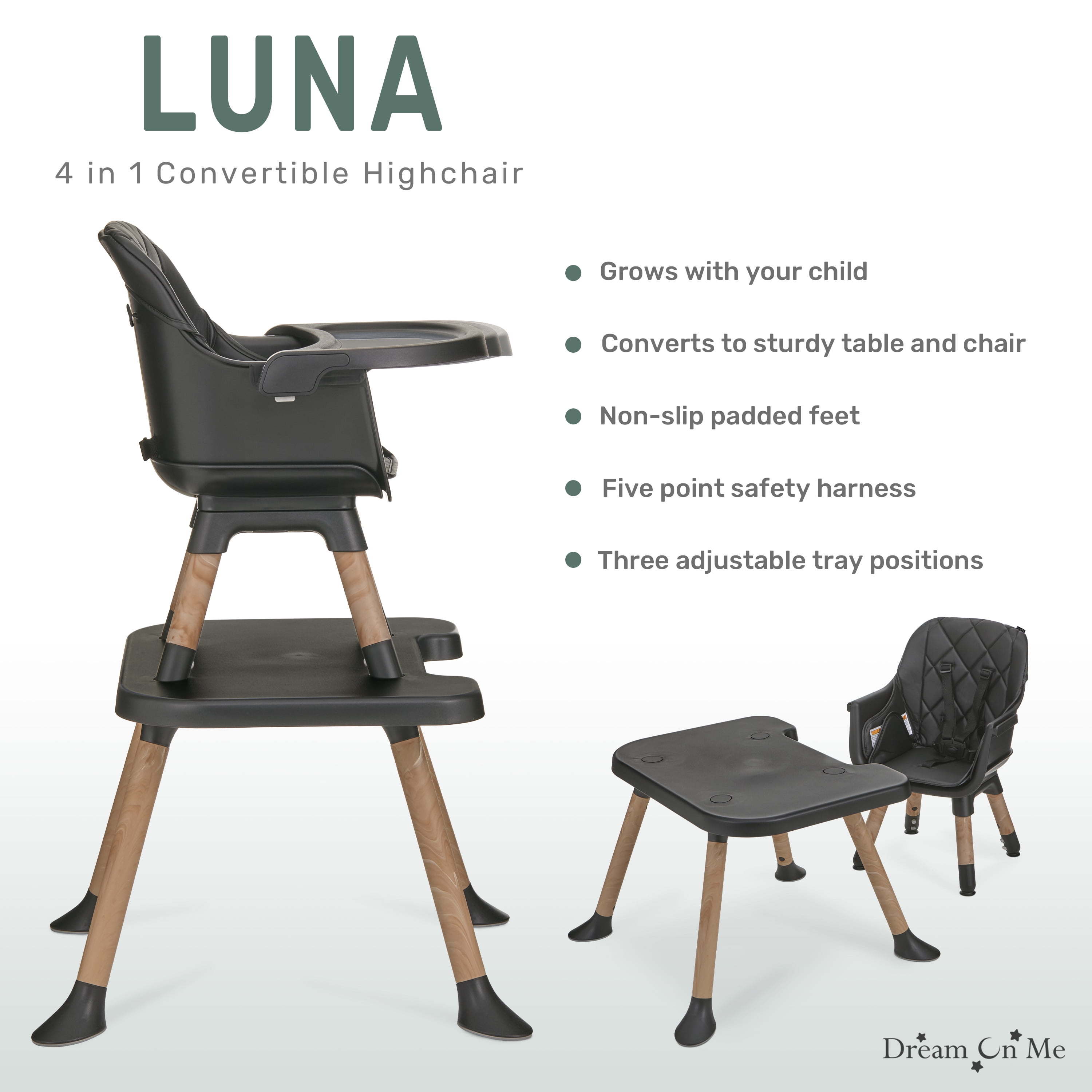 Dream On Me Luna 4 in 1 convertible Highchair, Black