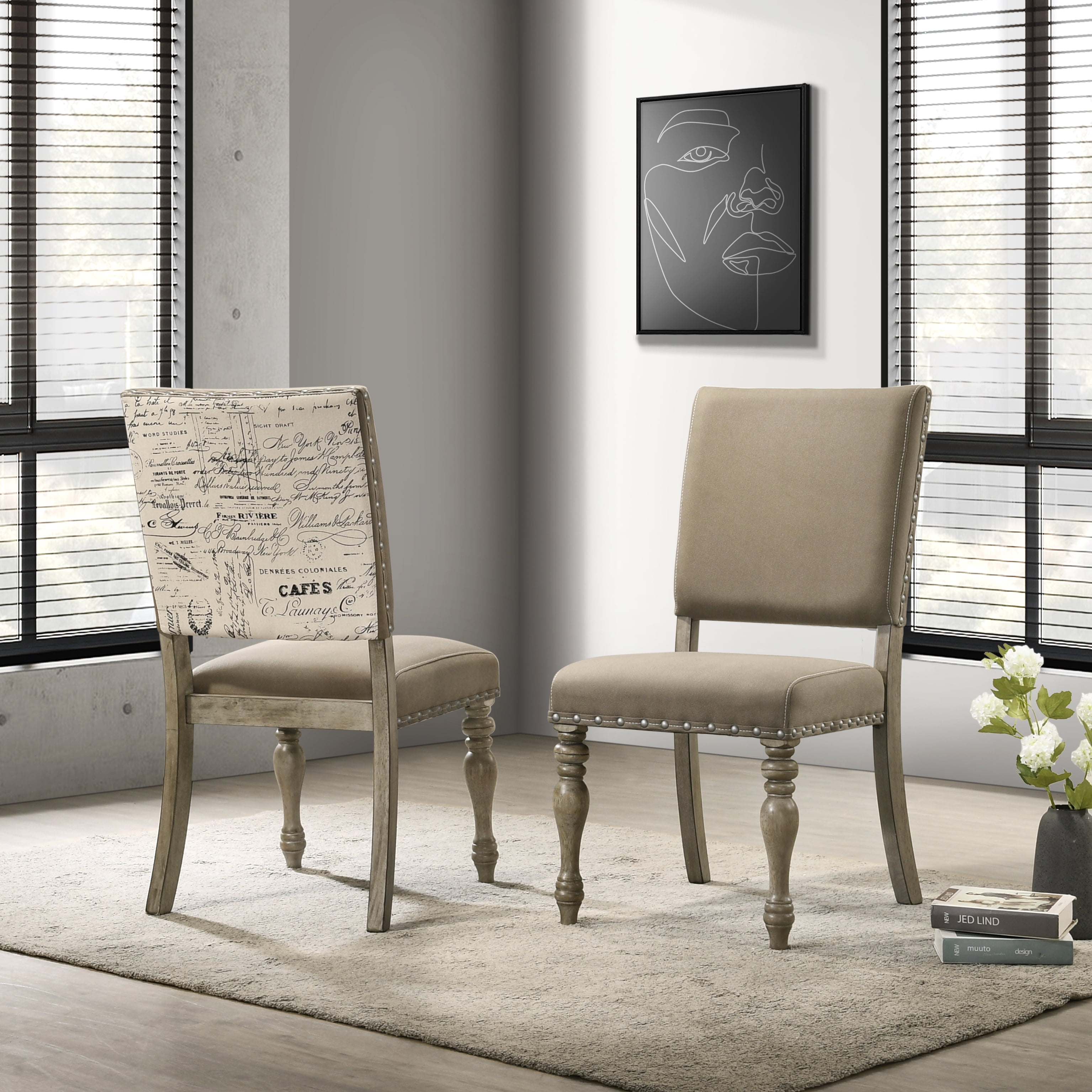 Roundhill Furniture Birmingham Script Printed Finish Dining Chair with Nail Head, Set of 2, Driftwood