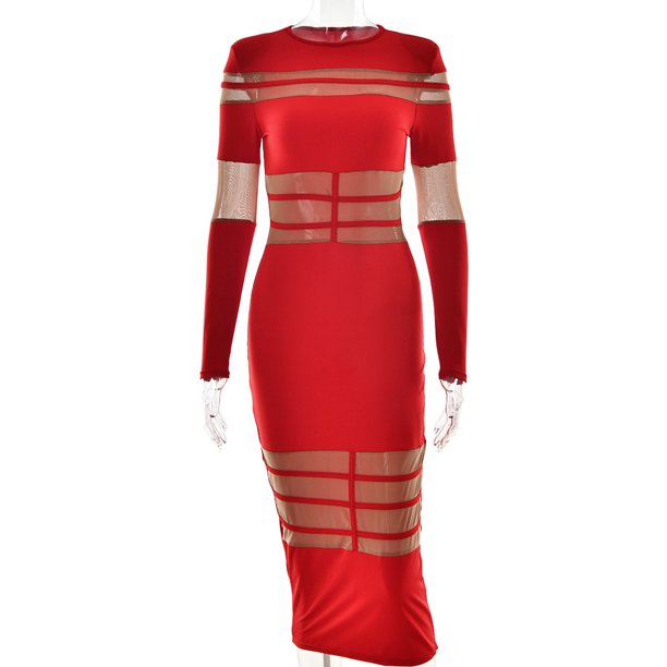 Sexy Splicing Perspective High Waist Long Sleeve Dress Round Neck Solid Color Black White Red Milk Silk Mesh Fabric