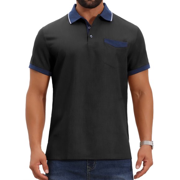 CAMISA POLO DE NEGOCIO RETRO OCCIDENTAL DE MANGA CORTA PARA HOMBRES INSPIRADA EN EL GOLF, CON ESTIRAMIENTO Y BLOQUEO DE COLOR, TAMAÑO M, NEGRO