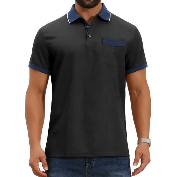 CAMISA POLO DE NEGOCIOS RETRO WESTERN DE MANGA CORTA PARA HOMBRES INSPIRADA EN EL GOLF, CON ELASTANO, EN COLOR NEGRO, TALLA XL