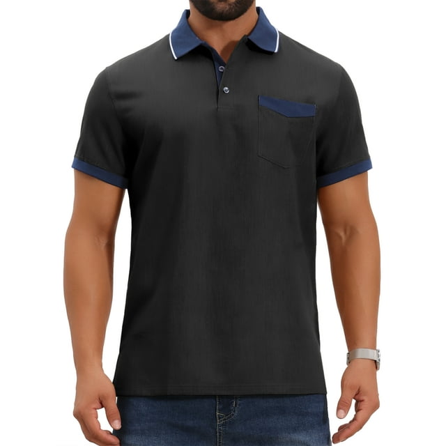 CAMISA POLO DE NEGOCIO RETRO OCCIDENTAL DE MANGA CORTA PARA HOMBRES INSPIRADA EN EL GOLF, COLOR BLOQUE, TALLA L, NEGRO