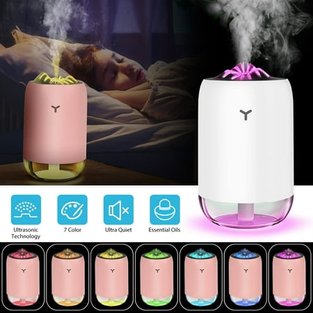 Portable Mini Humidifier, TSV 260ml Small Cool Mist Humidifiers, USB Desktop Humidifier for Plants, Office, Car, Baby Room with Auto Shut Off & 7 Colors Night Light-Super Quiet