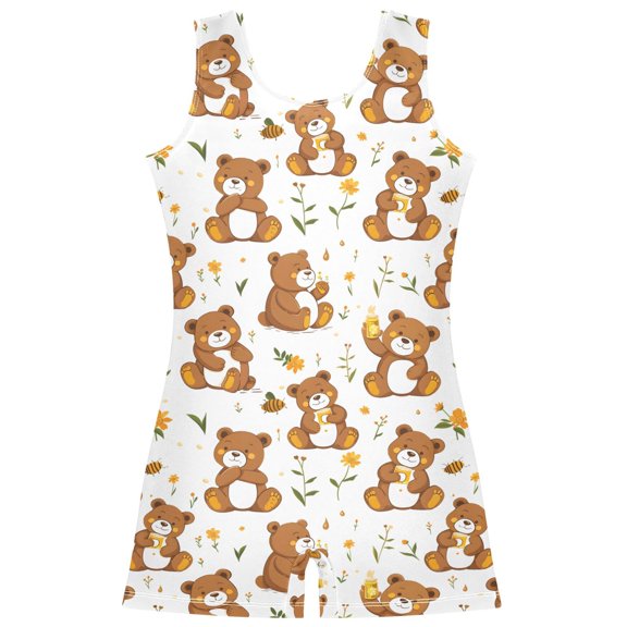 Gymnastics Leotard Sleeveless Cute Teddy Bear Stretchy Dance Bodysuit Breathable Athletic Ballet Yoga Outfit for Ages 3-14