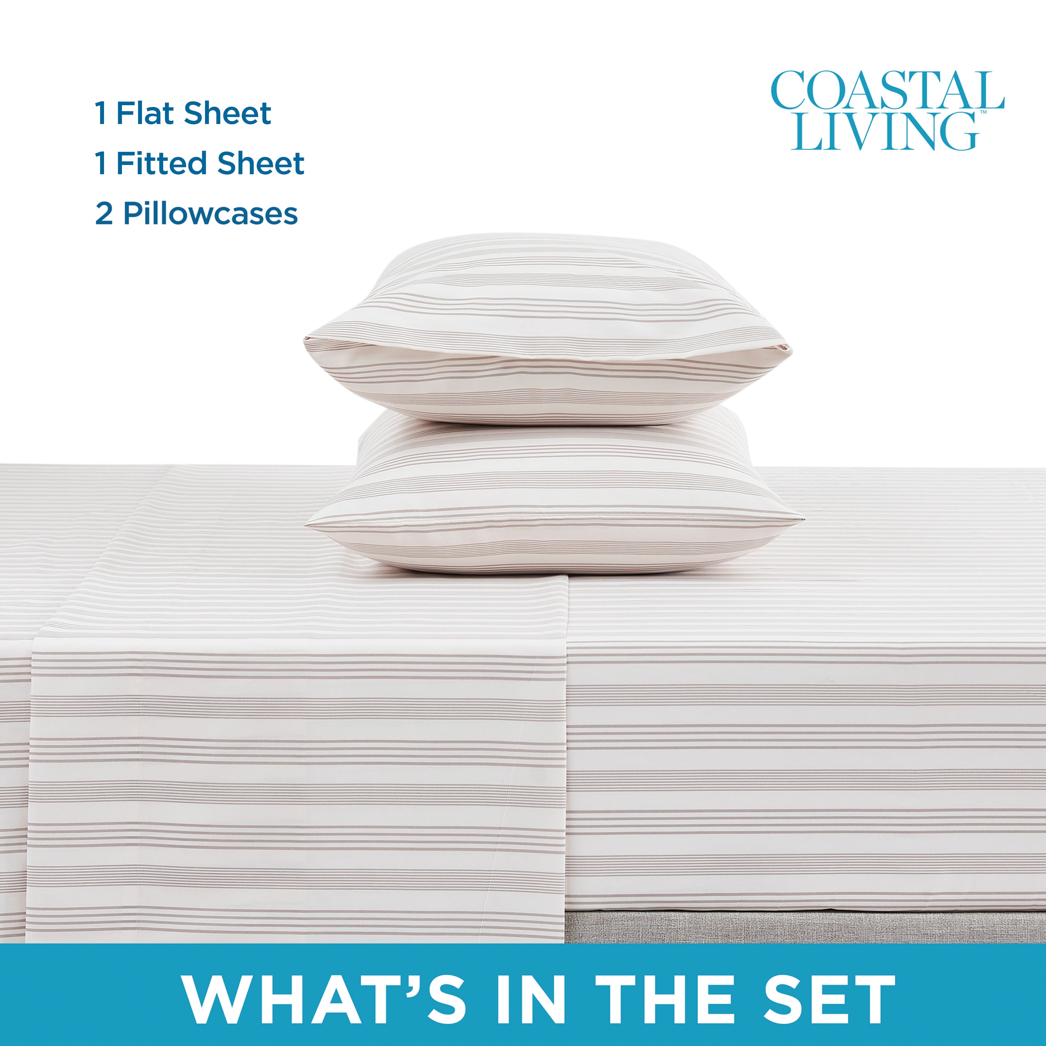 Coastal Living 4-Piece Grey Stripes Soft Brushed Microfiber Luxury Cooling Sheet Set, Queen