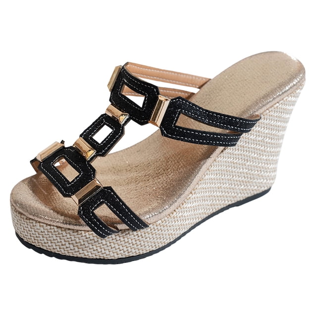 DAFEI Sandales Compensées en Liège pour Femmes avec Décoration Carrée en Métal Rétro, à la Mode et Confortables Chaussures pour Femmes