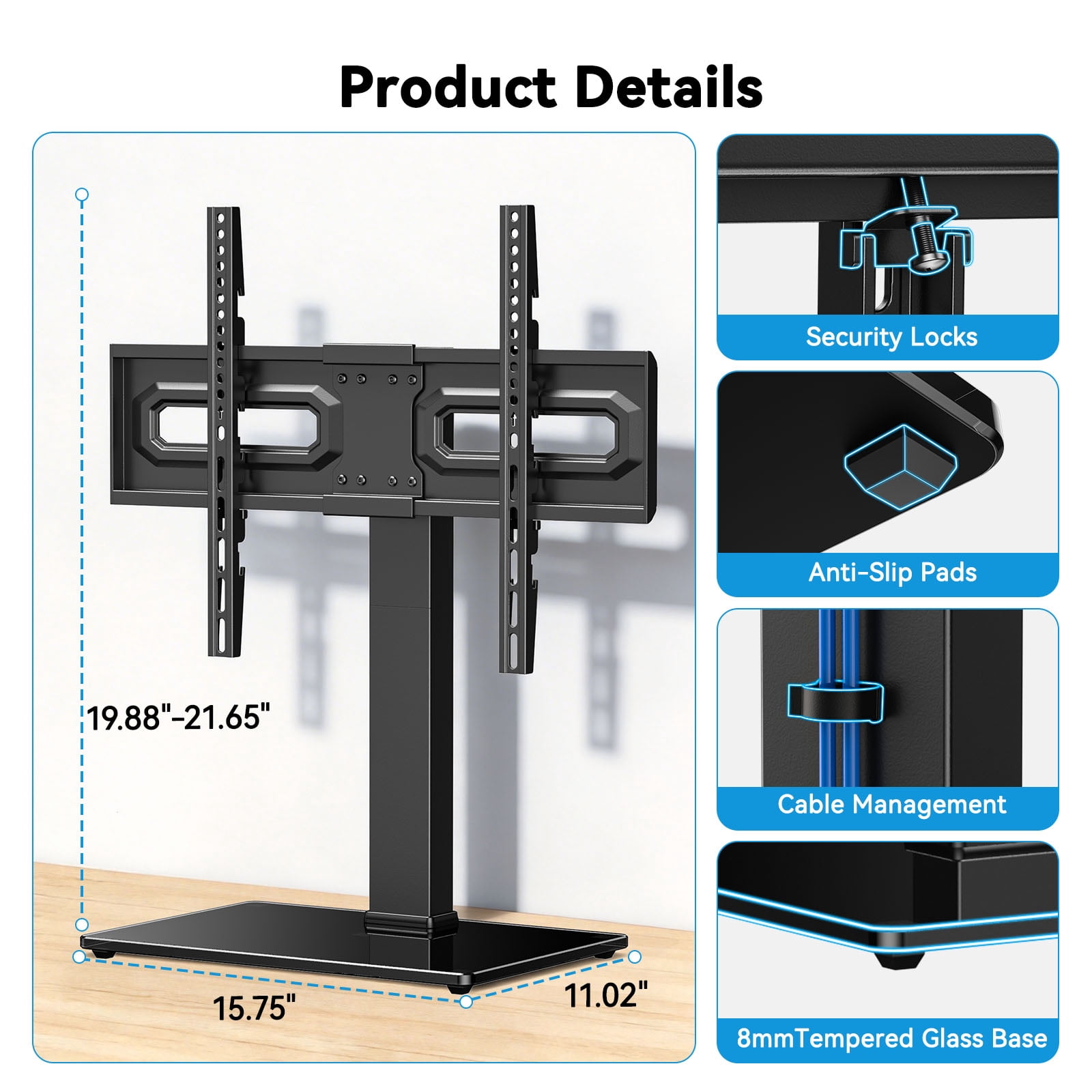 MountFTV Universal Swivel TV Stand with Power Outlet for 32-80 inch TVs up to 99 lbs, Table Top TV Stand Mount with 6 Height Adjustable, Tempered Glass Base,Max 600x400mm