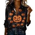 thumbnail image 2 of Women's Halloween Button Down Shirts V Neck Long Sleeve Blouse Funny Pumpkin Spider Web Print Casual Fall Party Holiday Graphic Tops Lightweight Work Shirts, 2 of 5