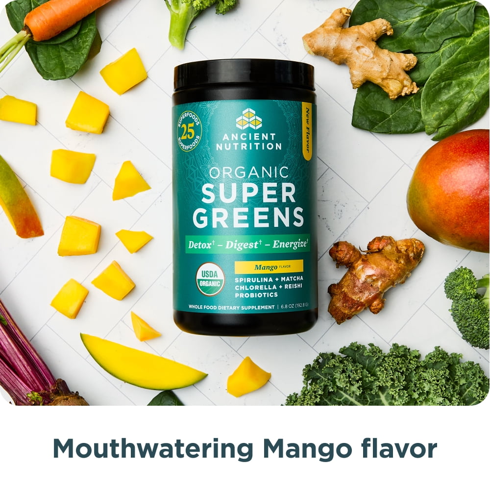 Ancient Nutrition SuperGreens Powder with Probiotics, Organic Mango Flavor Greens, Made from Real Fruits, Vegetables and Herbs, Digestive and Energy Support, 25 Servings, 6.8oz