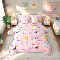 Manfei Pet Dogs 7-Piece Bedding Comforter Set,Pet Lover King Bedding Sets,Cartoon Flower Rainbow Bed Sheets For Girl Kids,Super Cozy Room Decor Reversible